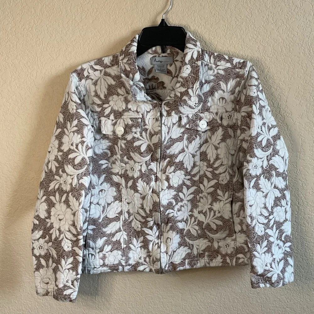 Analogy Womens Vintage Beige‎ Floral Full Zip Jacket Size Large